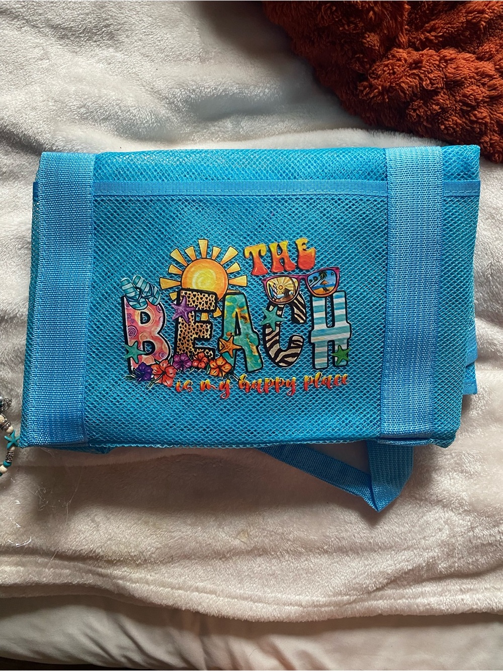 Bright Turquoise Beach Tote with Colorful Graphic WITH matching bracelet